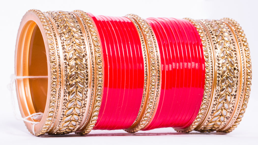 Bridal Chura for Women (Red, White & Golden) with leaf like stones (Reverse VR- Article No. 38)