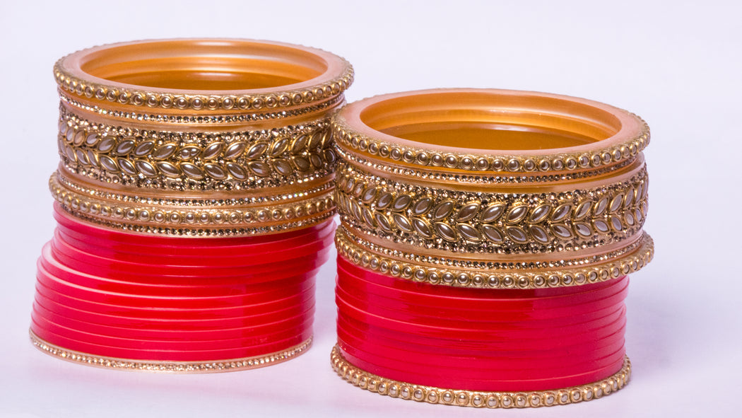 Bridal Chura for Women (Red, White & Golden) with leaf like stones (Reverse VR- Article No. 38)