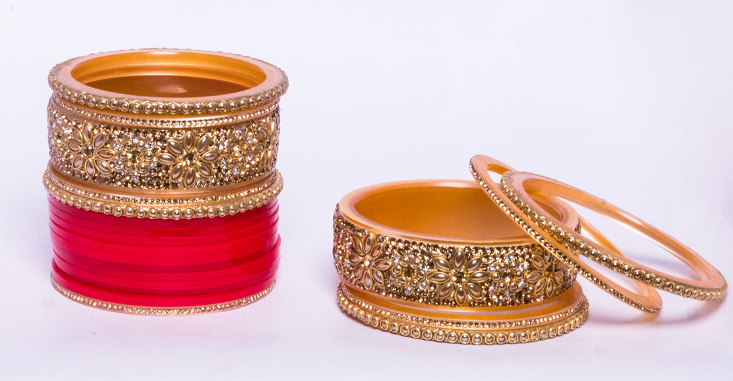 Bridal Chura for Women (Red & Golden) with flower like stones (Reverse VR- Article No. 39)