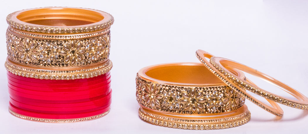 Bridal Chura for Women (Red & Golden) with flower like stones (Reverse VR- Article No. 39)