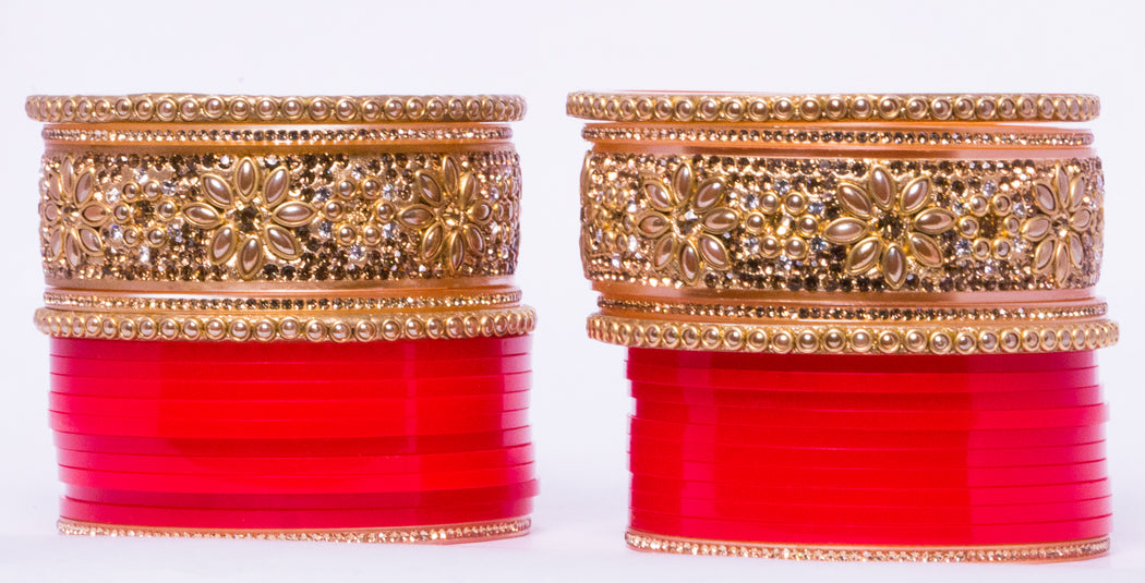 Bridal Chura for Women (Red & Golden) with flower like stones (Reverse VR- Article No. 39)