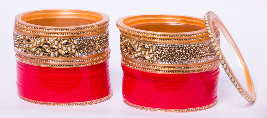 Bridal Chura for Women (Red & Golden) with pearl white & designer spherical stones (Reverse VR- Article No. 40)