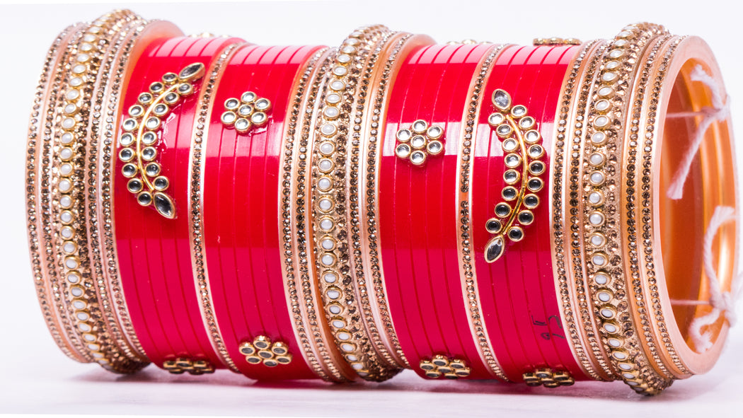 Bridal Chura for Women (Red & Golden) with leaf like stones (Reverse VR- Article No. 14)