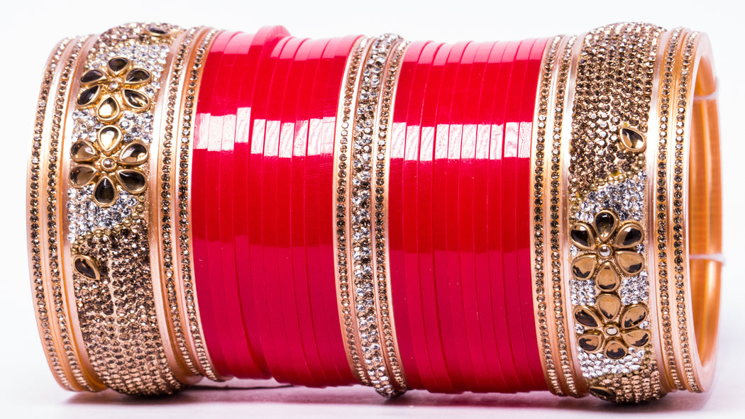 Bridal Chura for Women (Red & Golden) with flower like stones (Reverse VR- Article No. 17)