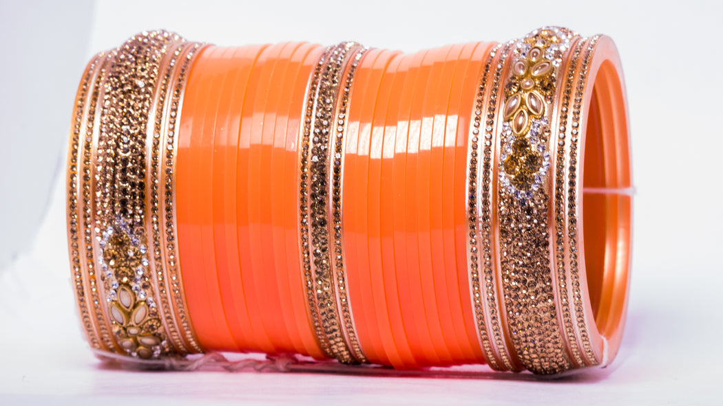 Tamanna Collection Bridal Chura for Women (Orange & Golden) with flower design stones (Reverse AR- Article No. 5)