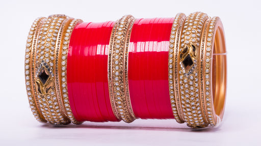 Bridal Chura for Women (Red & Golden) with rectangular flower like stones (Reverse VR- Article No. 10)