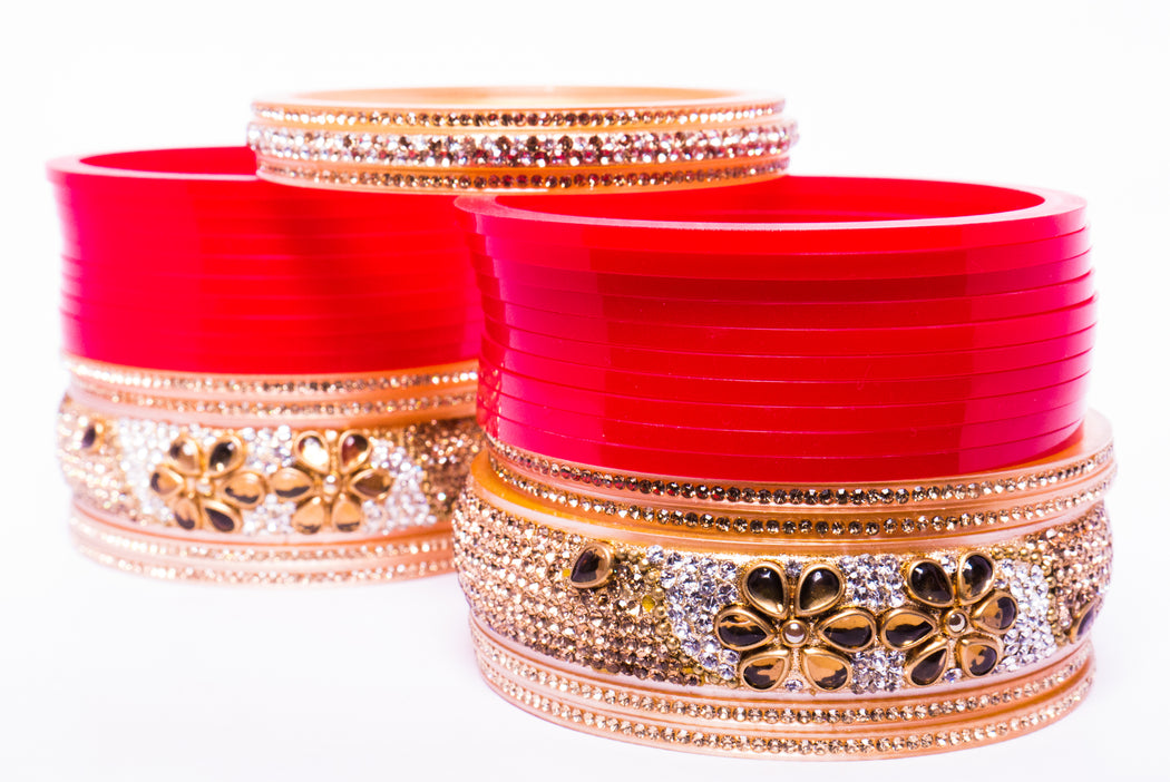 Bridal Chura for Women (Red & Golden) with flower like stones (Reverse VR- Article No. 17)