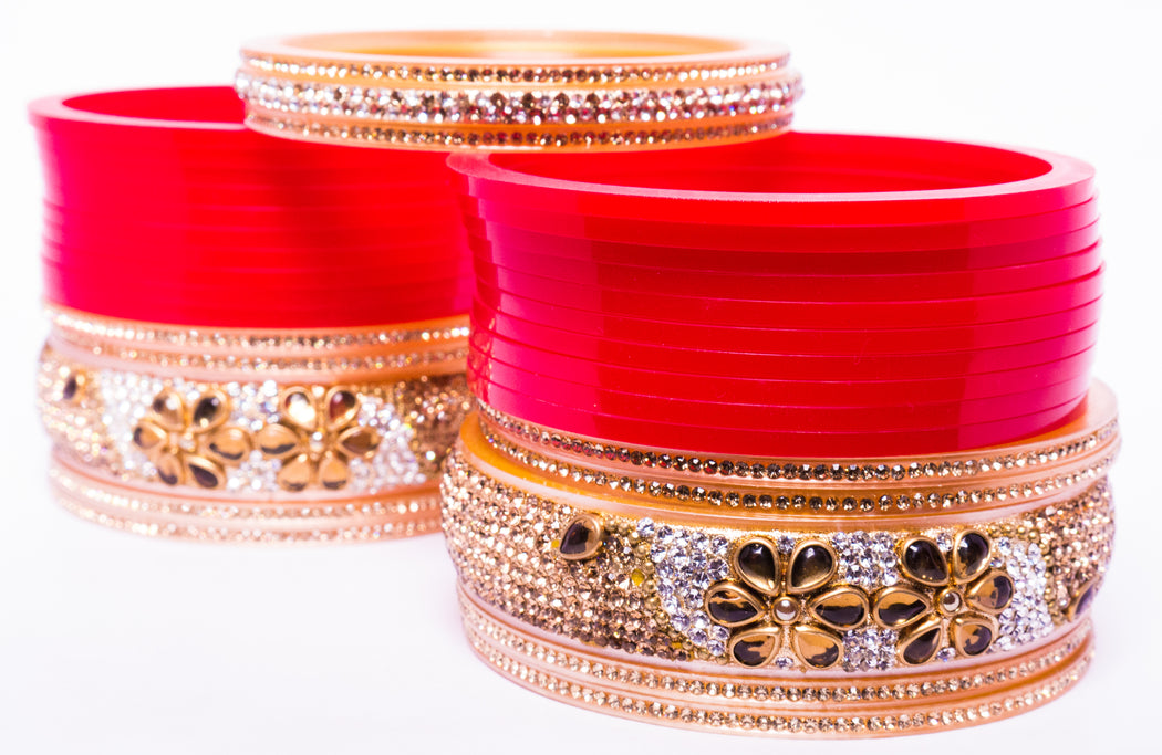 Bridal Chura for Women (Red & Golden) with flower like stones (Reverse VR- Article No. 17)